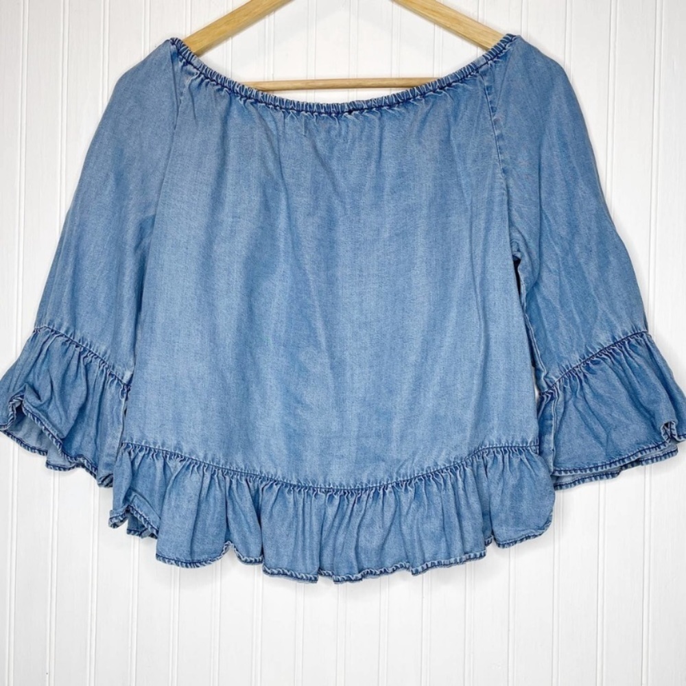 Zara premium denim Chambray peplum off the shoulder ruffle top - Picture 3 of 5